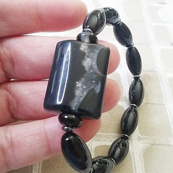 Massive Black Agate Stretch Bracelet - Fits 7-7.5" Wrist 4 Protection + Strength - Picture 1 of 9